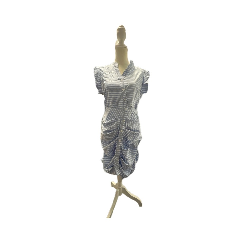 Button up Blue and White Striped Ruched Shirt dress